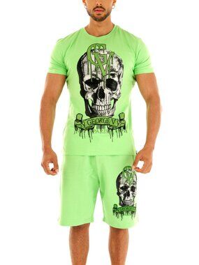 Avenue George V Paris Short Set Men's 2 piece set Green Skull Rhinestone 3XL NWT